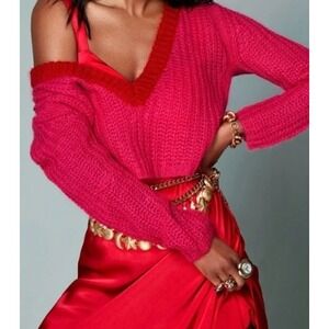 DANNIJO Pink Red V Neck Mohair Wool Blend Cropped Sweater Size XS